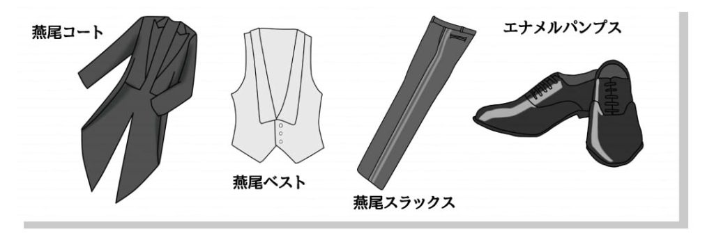 燕尾服の着こなし。燕尾コート、燕尾ベスト、燕尾スラックス、エナメルパンプス