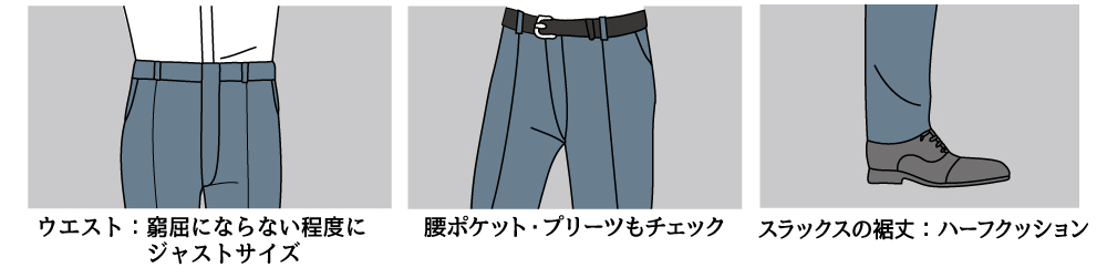 かっこいいスーツ姿を演出するには?着こなしのポイントを徹底解説、ウエスト・筒幅・裾丈を確認